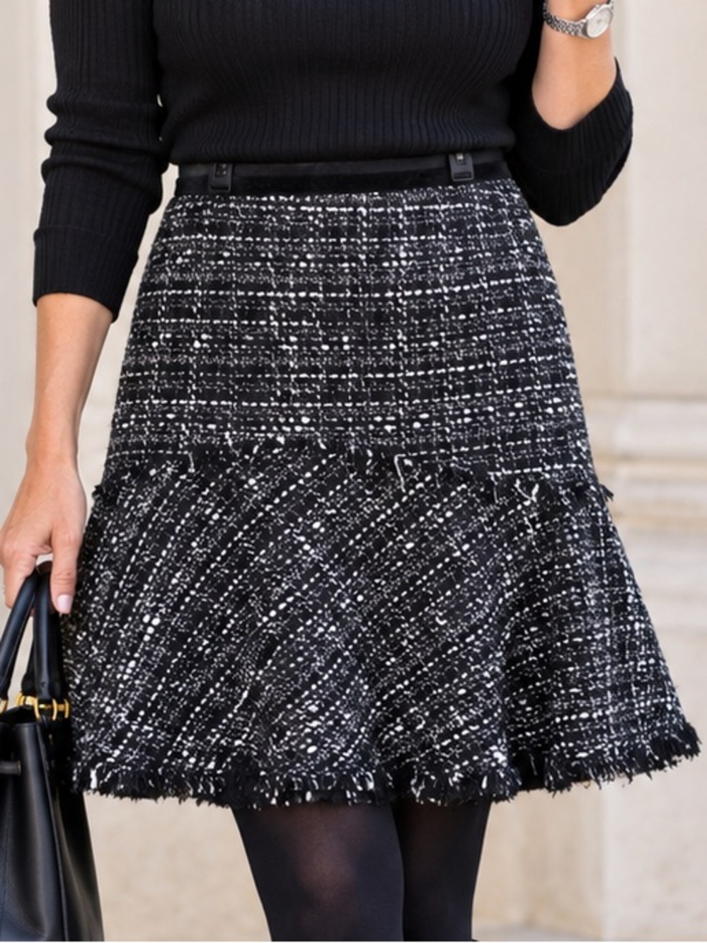 Zara Black White Tweed High Low Fringe Skirt Velvet Trim 12